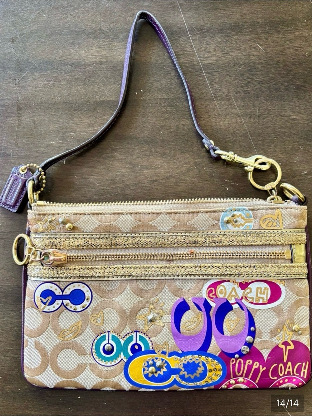 CoachTan Graphic Mini Shoulder wristlet and clutch Bag with Gold Accents